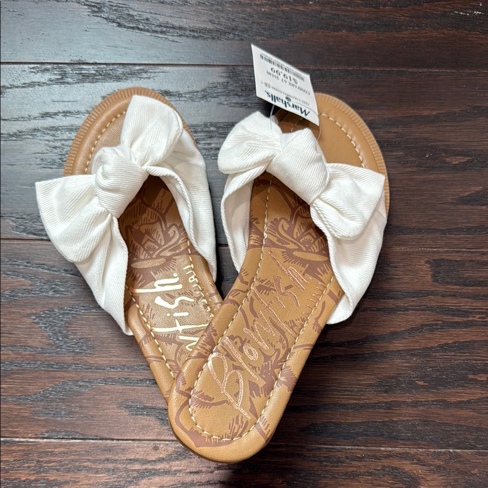 Blowfish White and Tan Bow Slide Sandals